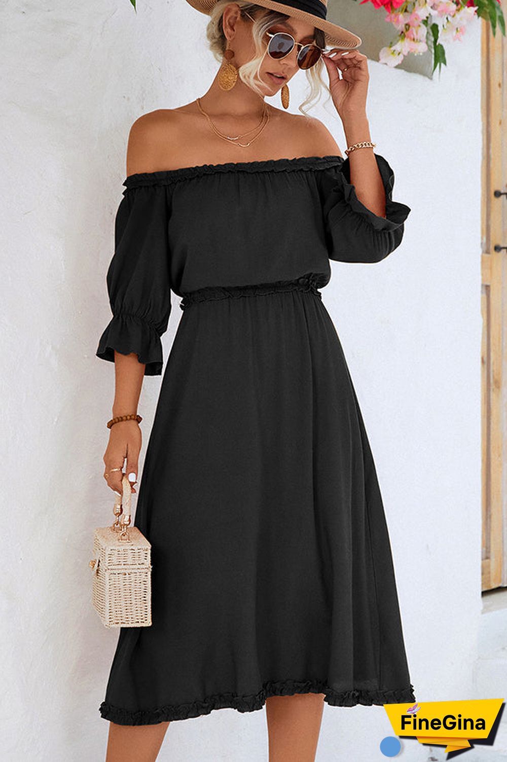 Solid Color Off The Shoulder Frill Casual Dress