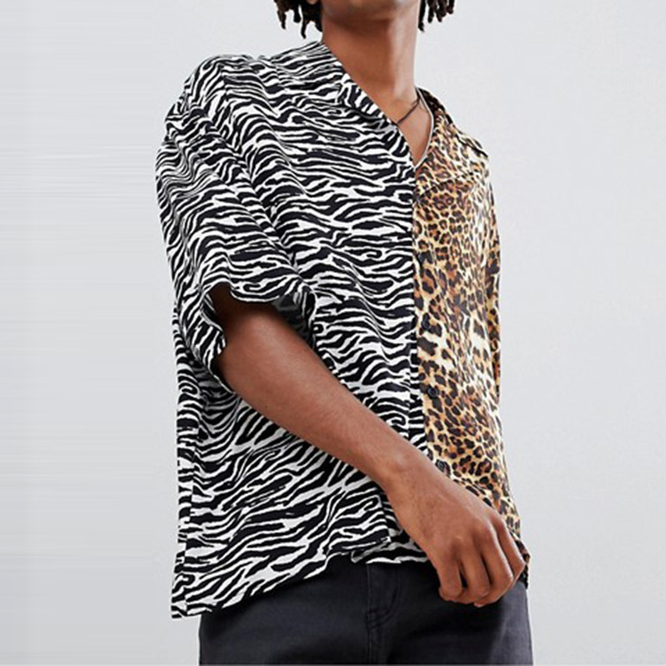 Short Sleeve Animal Leopard Printed Shirt Men Lapel Neck Streetwear