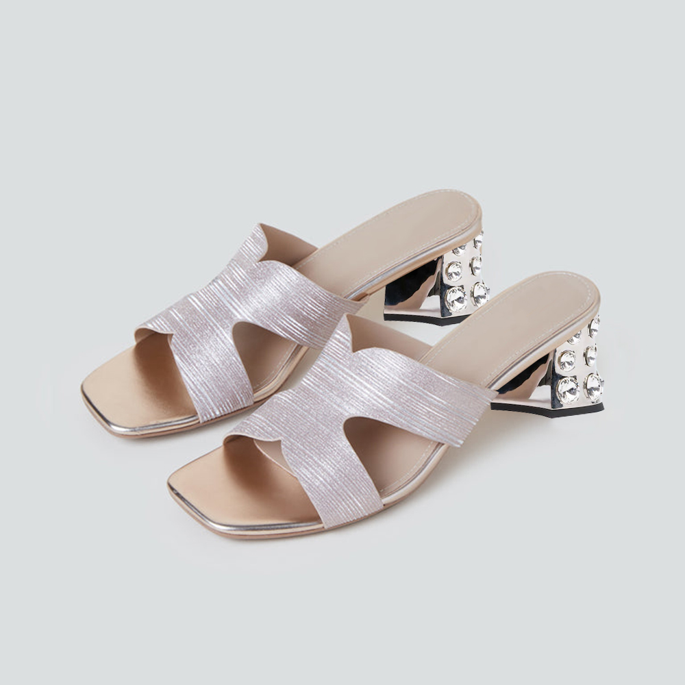 Gold Square Toe Decorative Heel Crisscross Mules Nicepairs
