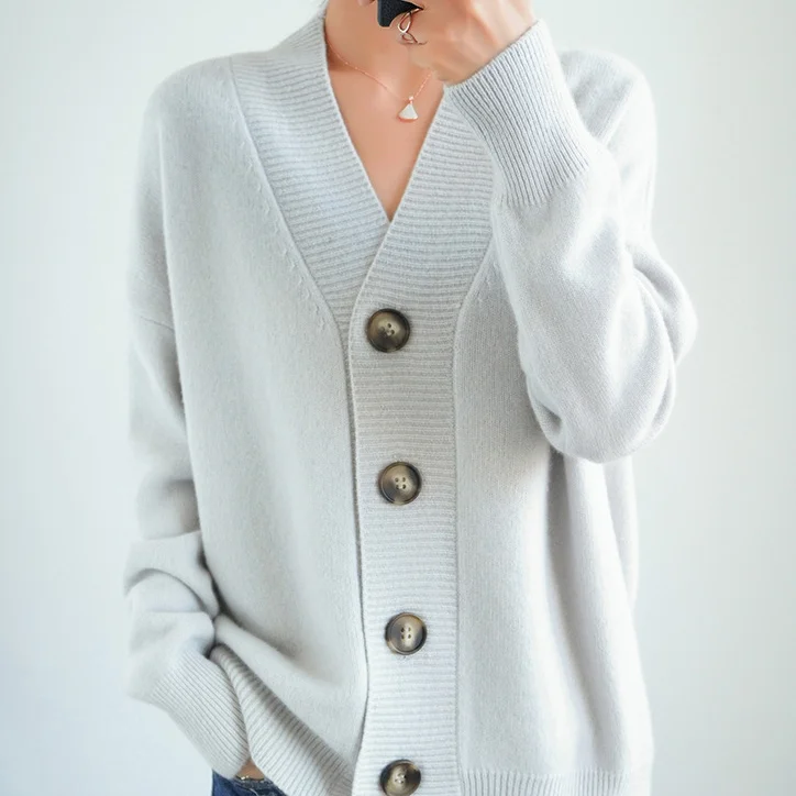 Vintage Loose Solid Color V Neck Buttoned Sweater Cardigan