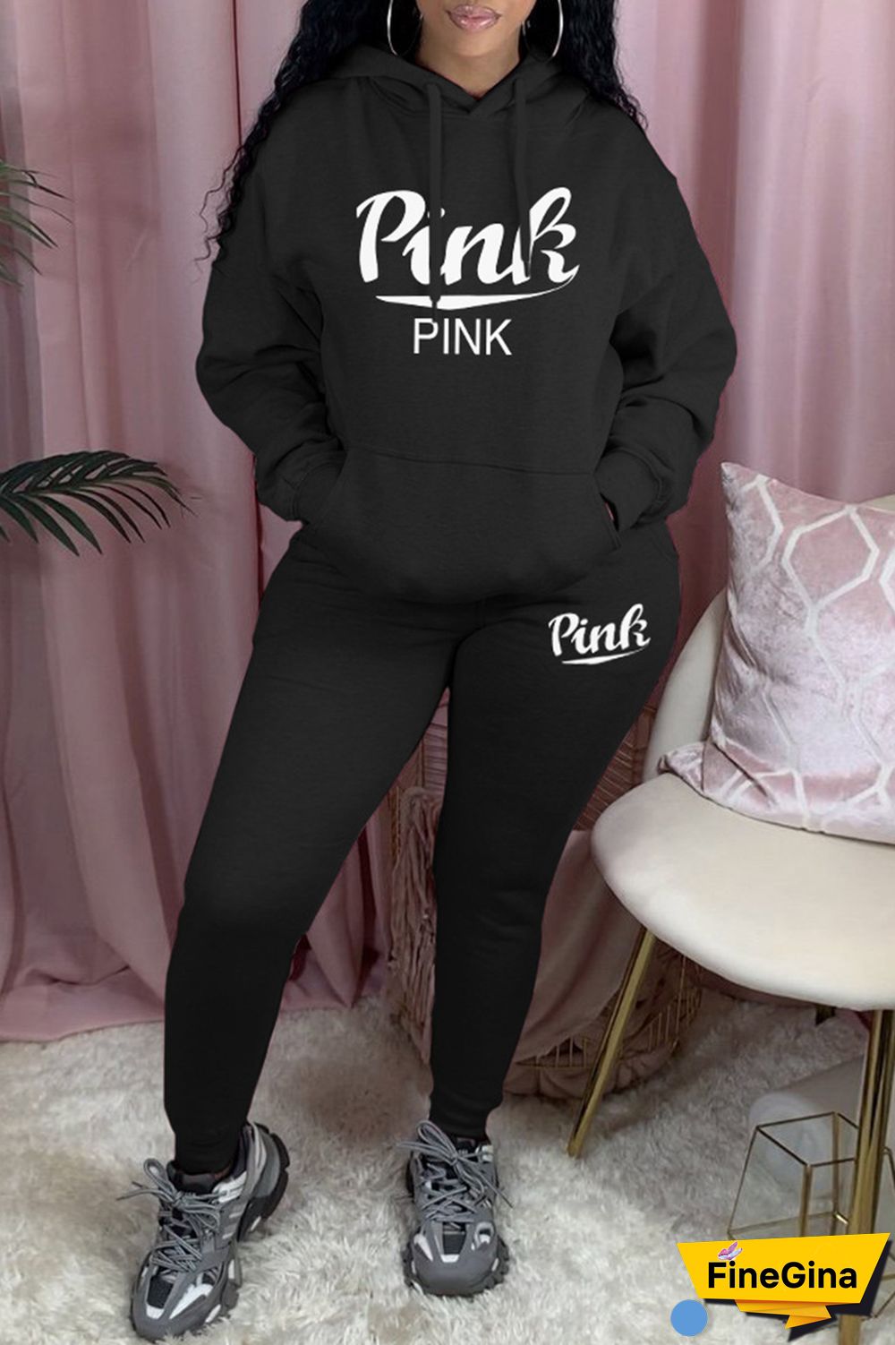 Black Casual Letter Print Basic Hooded Collar Long Sleeve Two Pieces