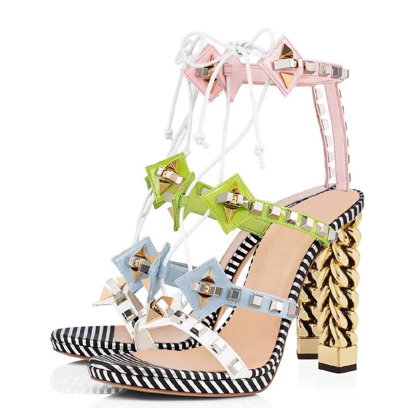 TAAFO Mixed-Colors Rivet Shoes Woman Female Ankle Strap Sandals Chain High Square Heels 