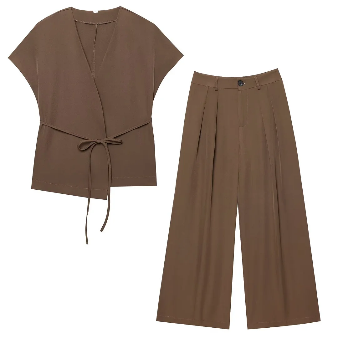 Nigikala Nigikala Women's 2025 Summer New Fashion Retro Waist Design Cardigan Top Broad Leg Trousers Set