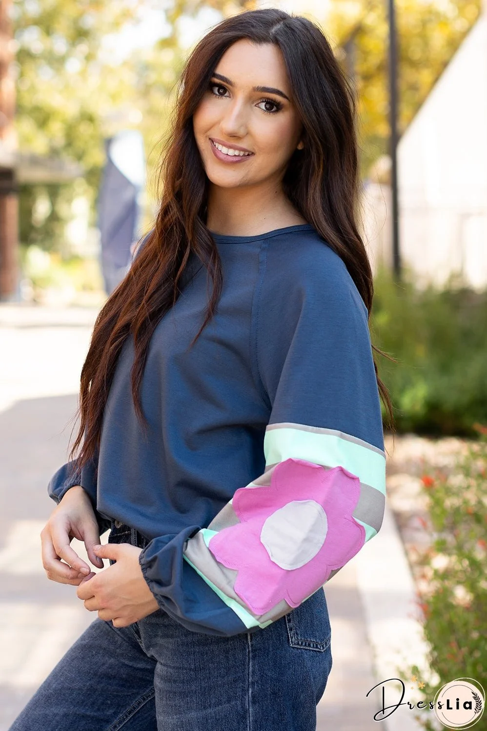 Sail Blue Flower Patchwork Raglan Sleeve Exposed Seam Oversized Top