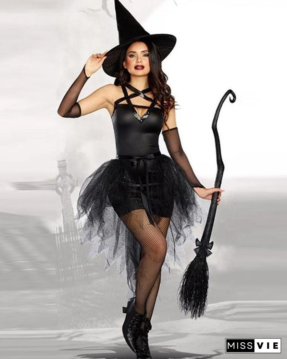 Sexy Gothic Halloween Tulle Dress Witch Costume 5PCS Outfit