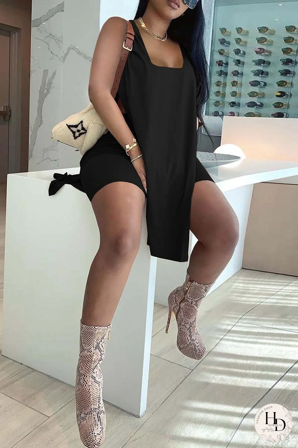 Rose Red Fashion Casual Solid Slit U Neck Sleeveless Two Pieces