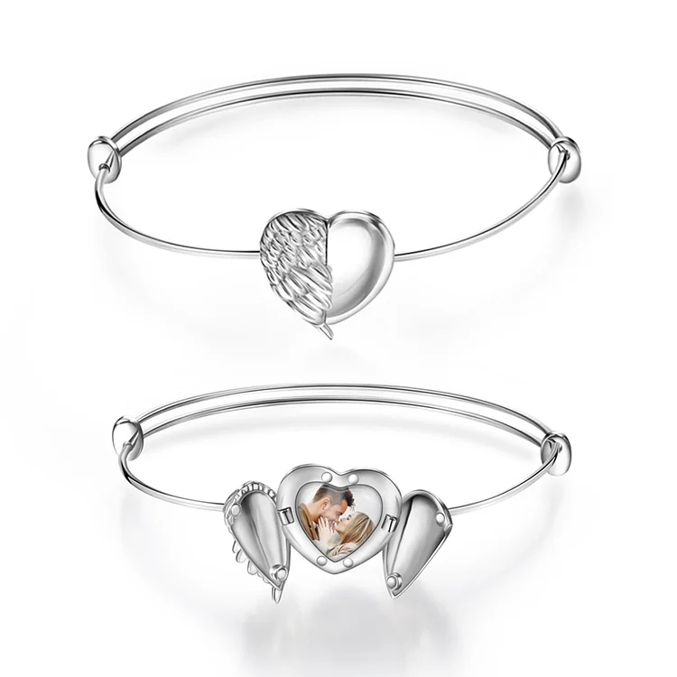 Personalized Angel Wings Heart Engraving Photo Bracelet