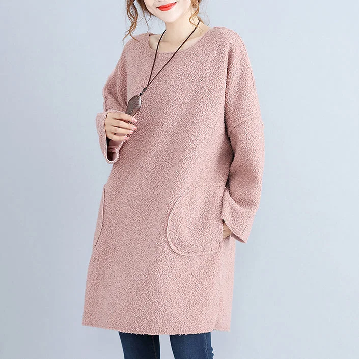 fashion warm pink corduroy mid shift dresses oversize big pockets knit dress