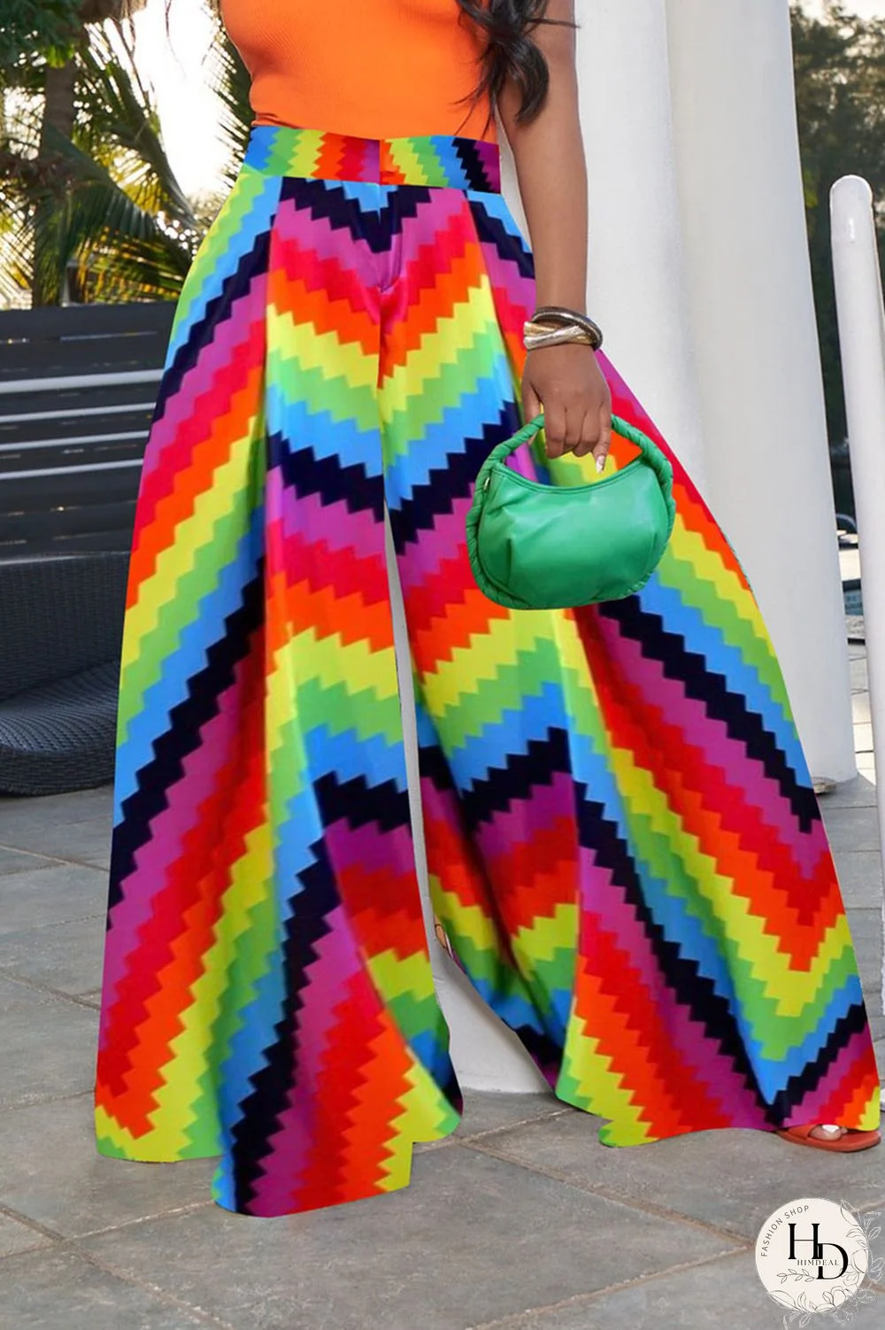 Colour Casual Print Patchwork Loose High Waist Wide Leg Full Print Bottoms