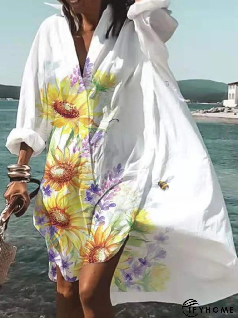 Floral Printed Shawl Collar Holiday Long Sleeve Casual Weaving Dress | IFYHOME