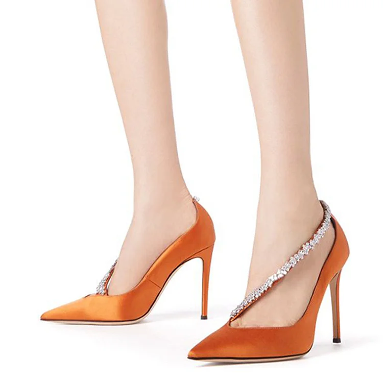 Orange Pointed Satin Pumps Rhinestone Heels Evening Shoes Vdcoo