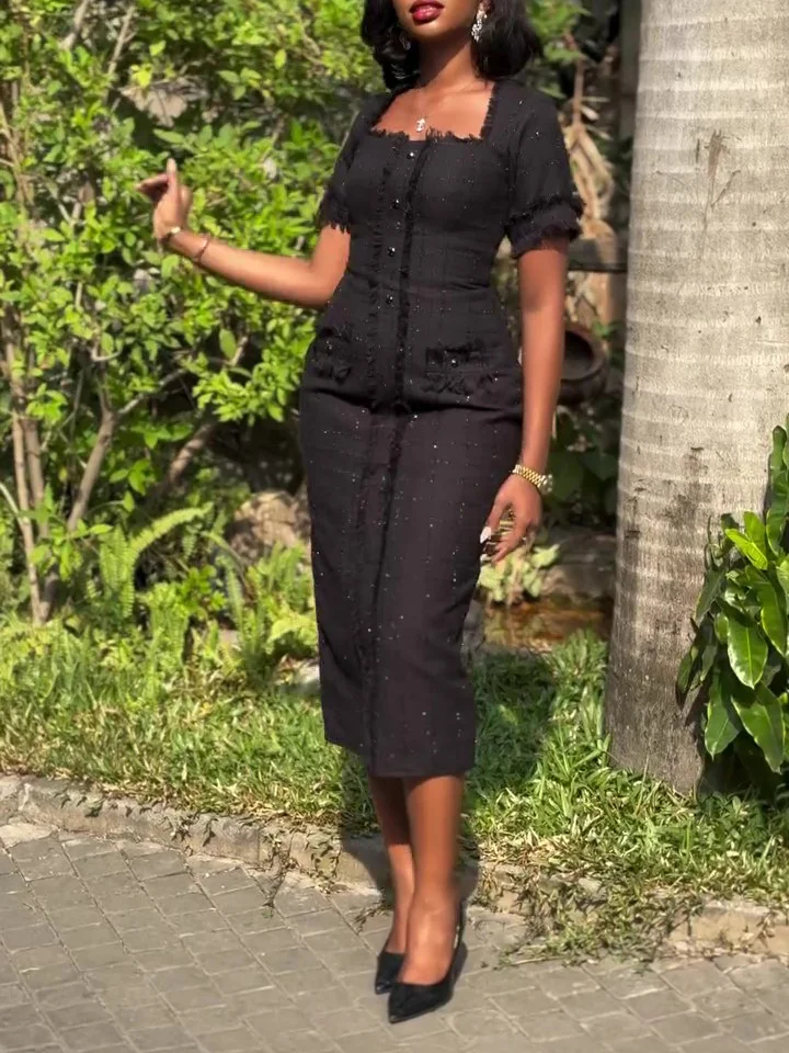 Black Square Neck Short Sleeve Dress