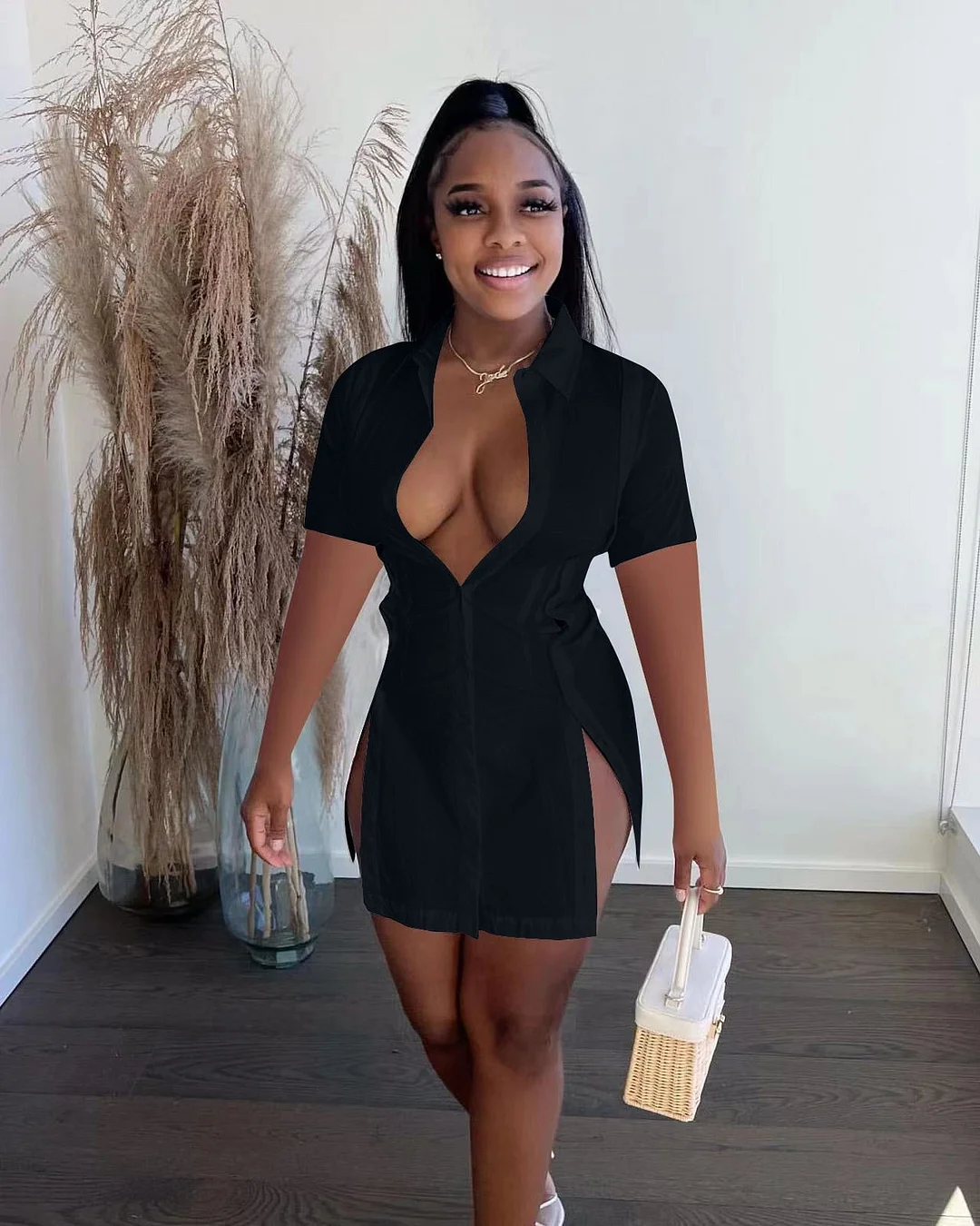 CM.YAYA Elegant Women High Side Split Long Sleeve Single Breasted Shirt Dress for 2022 Summer Spring Sexy Basic Fashion Dresses