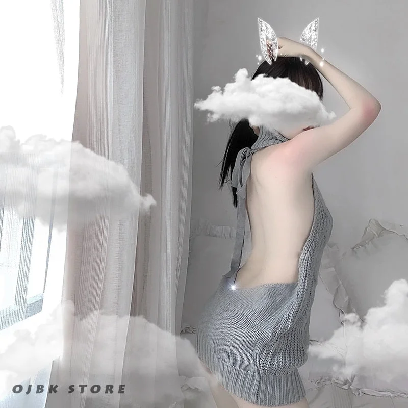 OJBK Sexy backless Women Sweaters Grey Turtleneck Sleeveless Long Virgin Killer Cosplay costumes Japanes Knitted And Pullovers