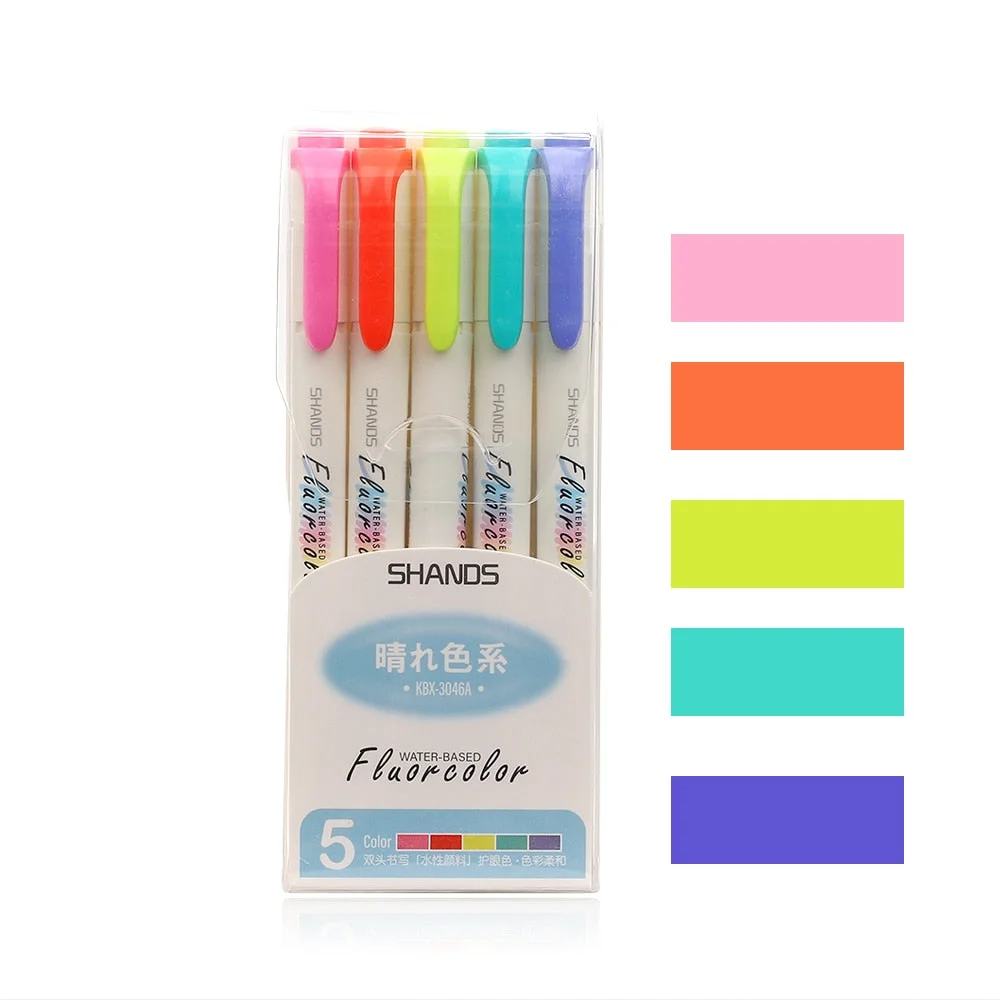 JIANWU 5Colors/Box Morandi Color Double Head Highlighter Ins Cold Color Eye Protection Fluorescent Pen for Student Supplies
