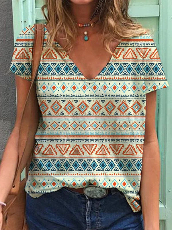 Women Short Sleeve V-neck Printed Graphic Top T-shirts