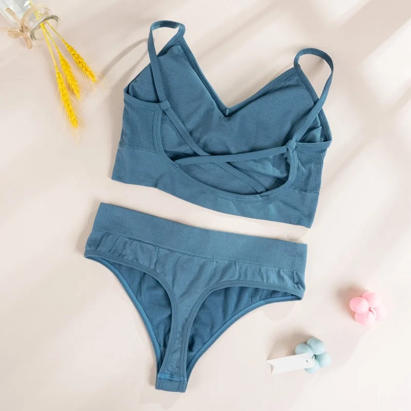 Women Bra Panties Set Sexy G-String Push Up Bra Crop Top Seamless Underwear Active Bra Thongs Female Top Lingerie Set