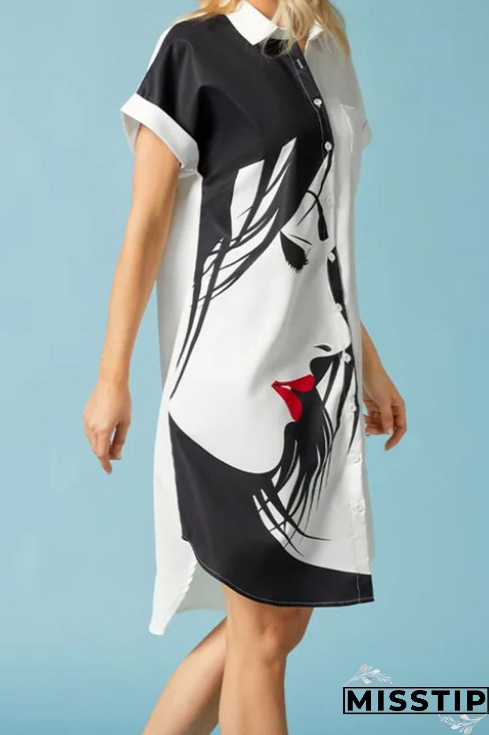 Black White Casual Print Patchwork Buckle Turndown Collar Shirt Dress Dresses
