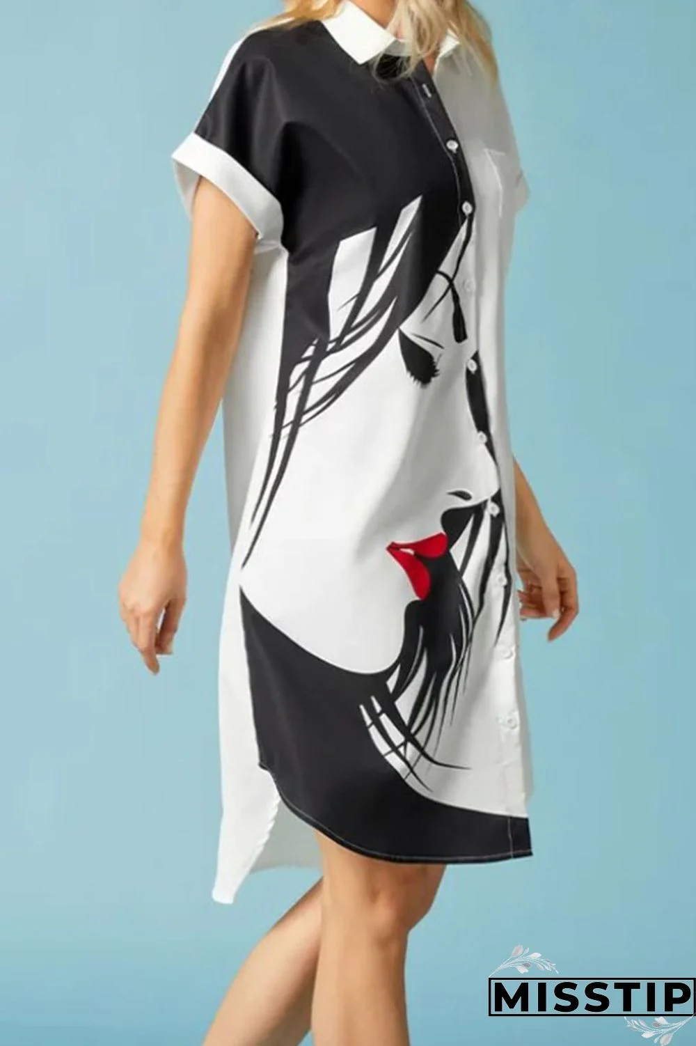 Black White Casual Print Patchwork Buckle Turndown Collar Shirt Dress Dresses