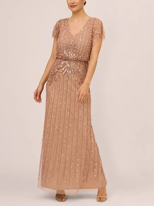V Neck Short Sleeve Sequin Maxi Dress