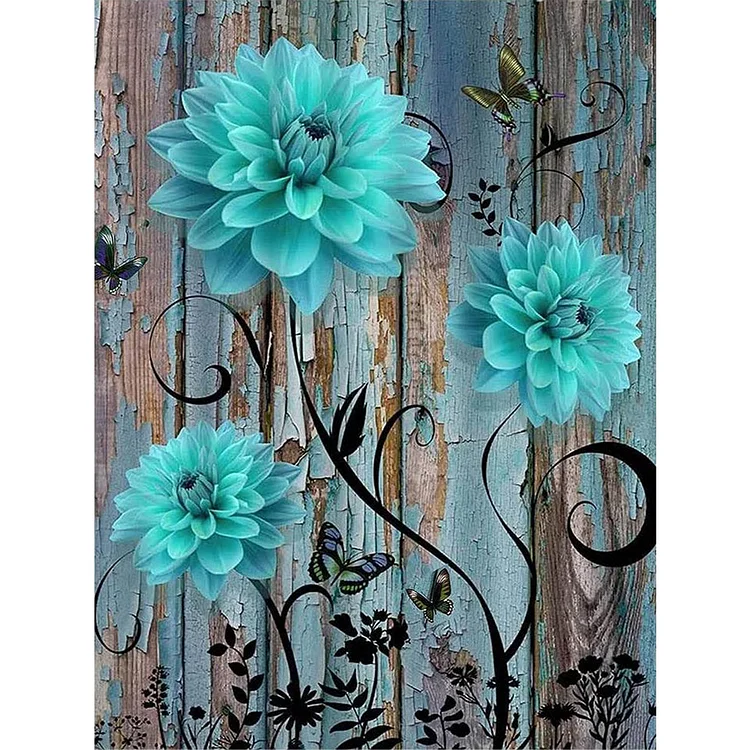 Full Round Diamond Painting - Blue And Green Wooden Board Flowers 30*40CM