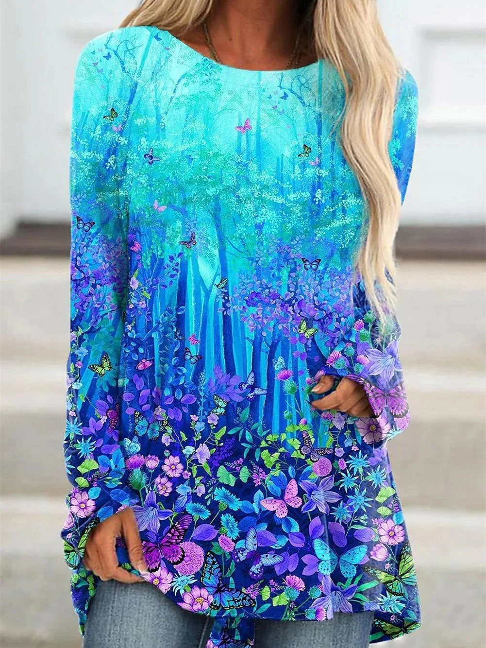 Women's Gradient Printed Scoop Neck Long Sleeve Top