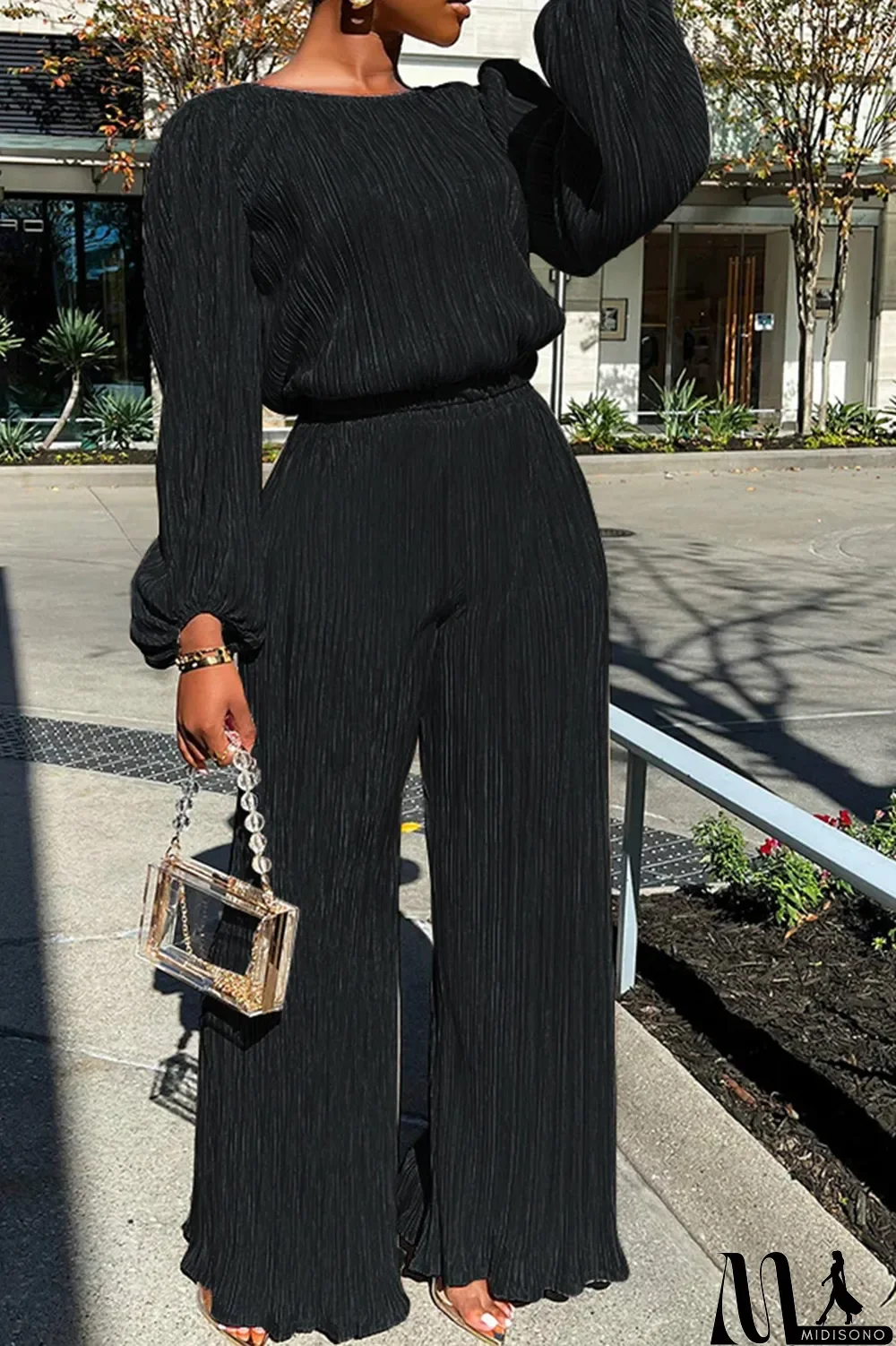 MidiSono - Black Casual Solid Patchwork O Neck Long Sleeve Two Pieces