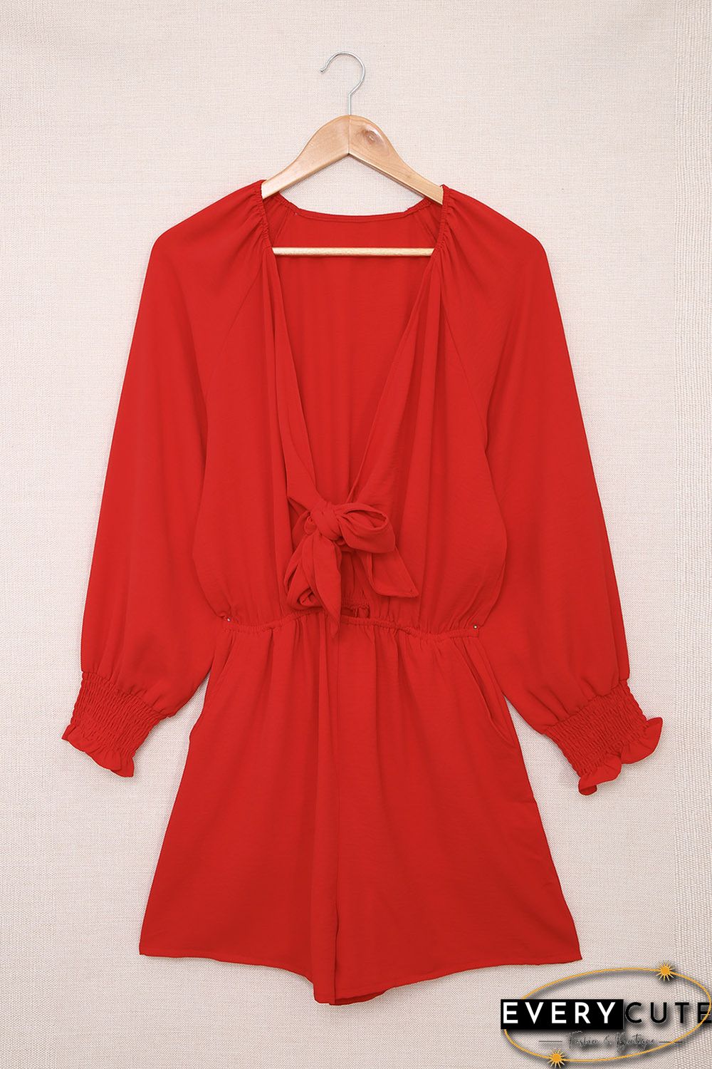 Red Tie Knot Puff Long Sleeve Romper