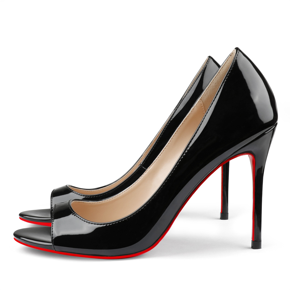 100mm Women's Open Toe Red Bottom Patent Sandals Pink Stilettos-MERUMOTE