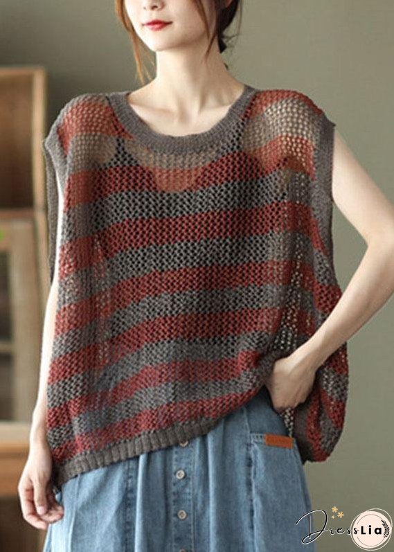 Mulberry Striped Hollow Out Summer Linen Tank Sleeveless