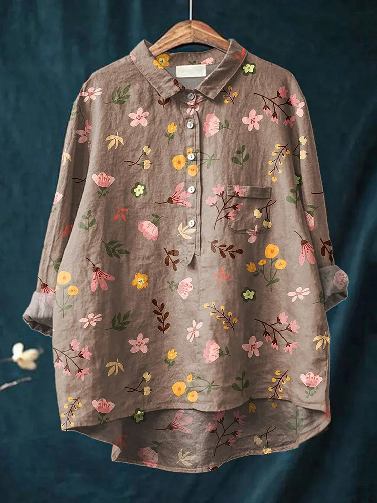 Women's Flower Art  Print Casual Cotton And Linen Shirt