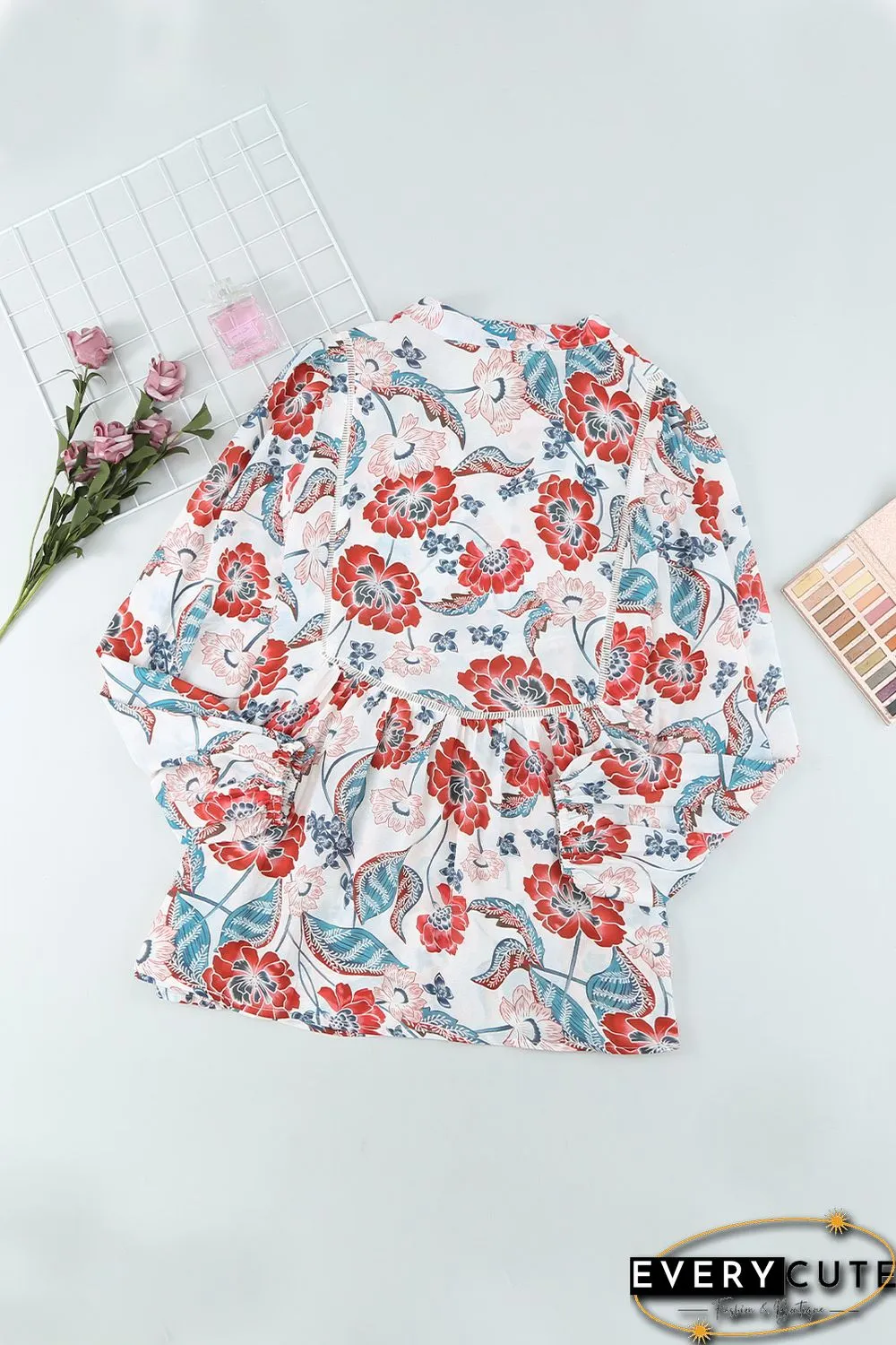 Red Split Neck Bubble Sleeve Floral Patchwork Blouse