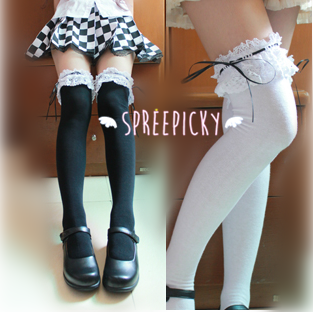 [Black/White]Cosplay Lolita Lace with Ribbon Over Knees Stockings SP141532