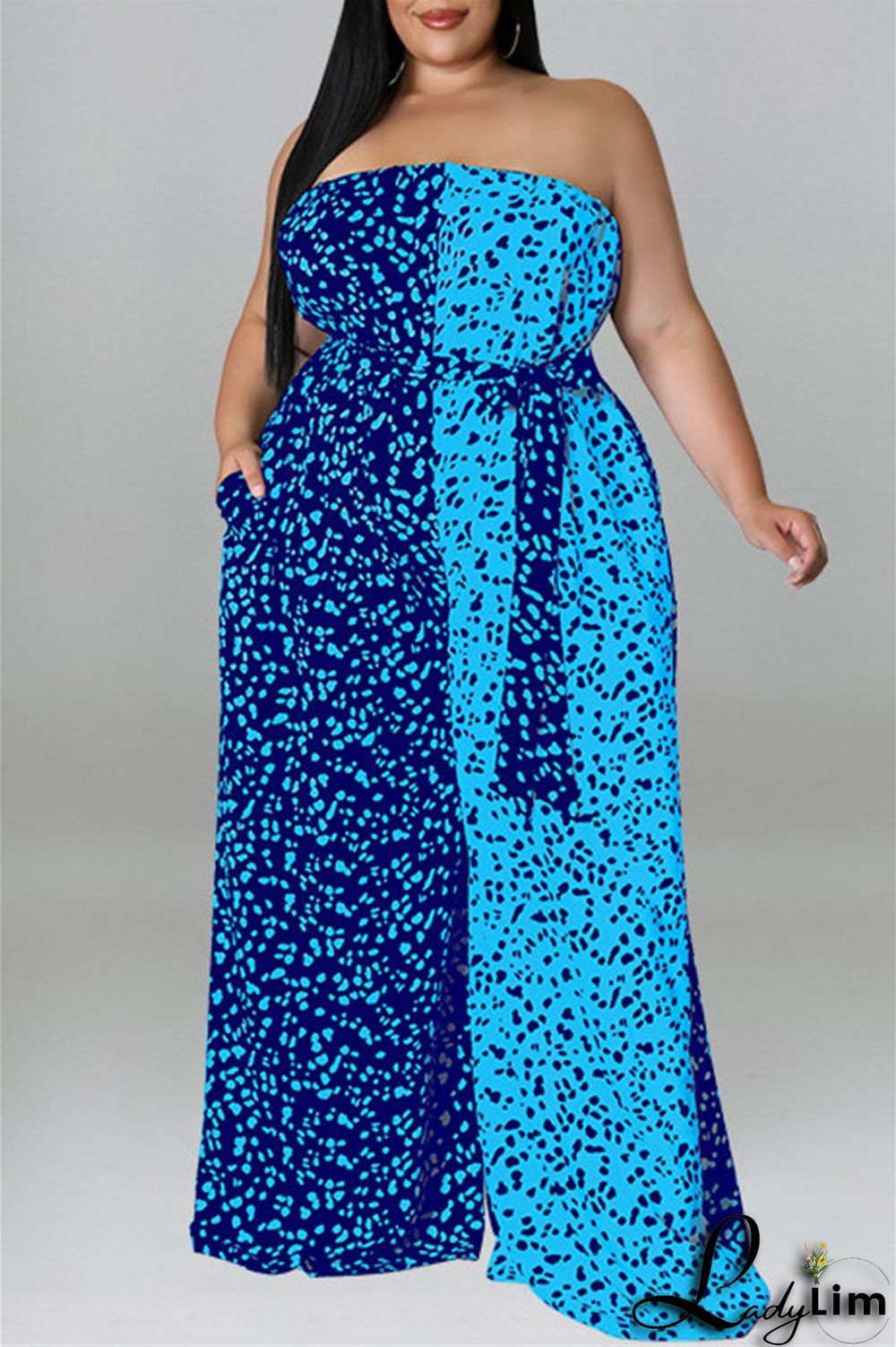 Purple Fashion Casual Print Split Joint Backless With Belt Strapless Plus Size Jumpsuits