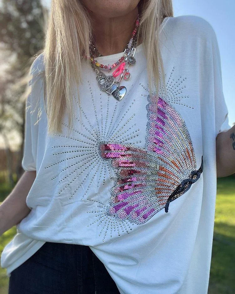Casual Sequin Beaded Design T-shirt