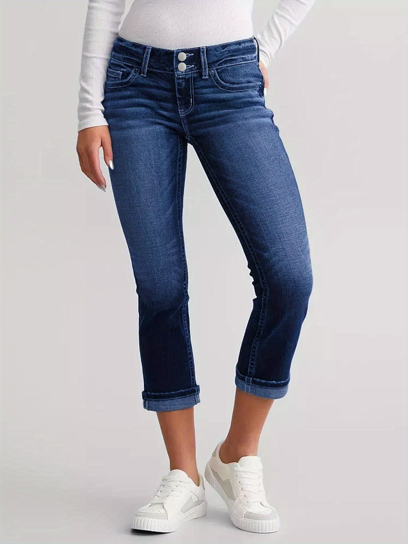 Trendy Womens Embroidered Double Button High Waist Slim Fit Stretch Denim Jeans Long Pants | IFYHOME