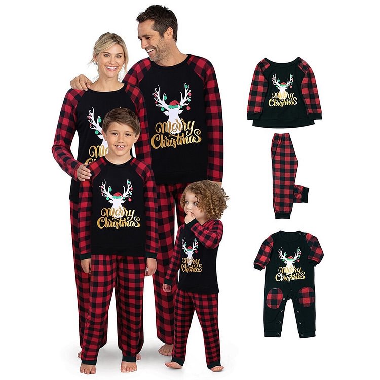 Merry Christmas Letter Antler Print Plaid Splice Matching Pajamas Sets for Family