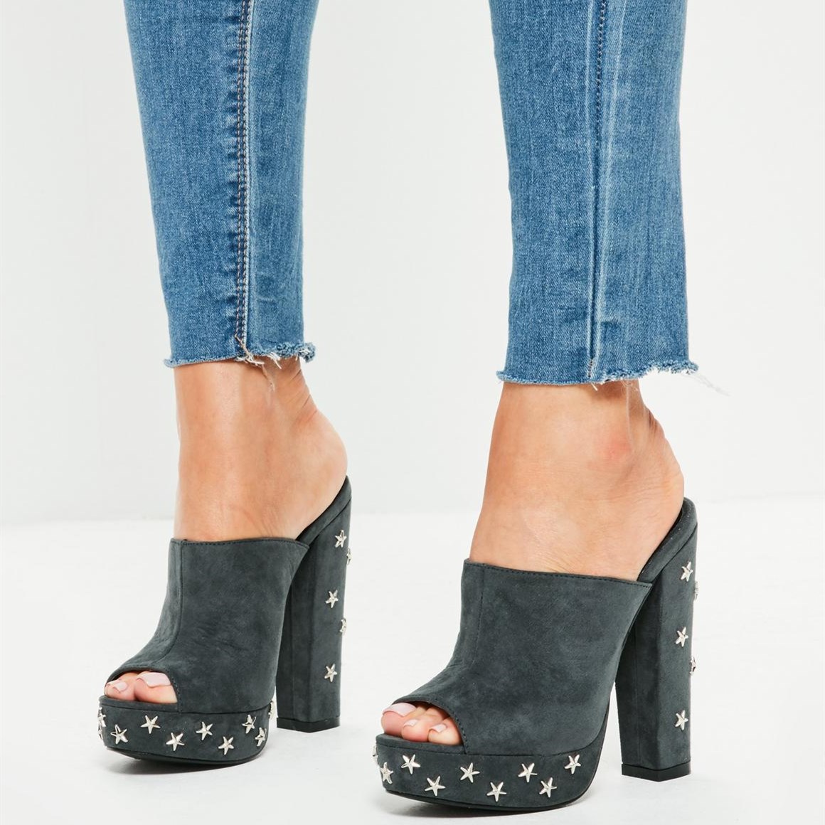 Stylish Grey Vegan Suede Silver Studs Peep Toe Heels Platform Mules