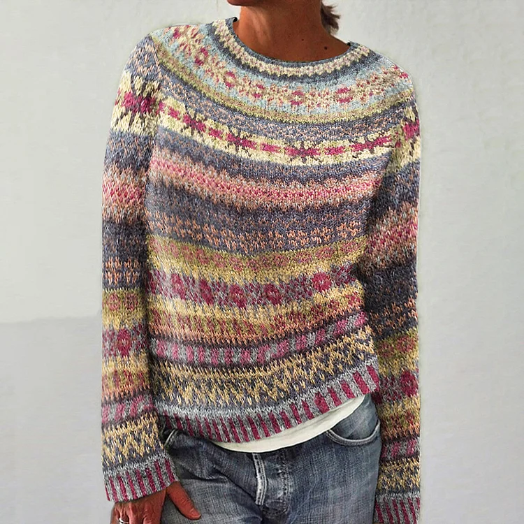 VChics Vintage Fairman Island Knit Jacquard Crew Neck Sweater
