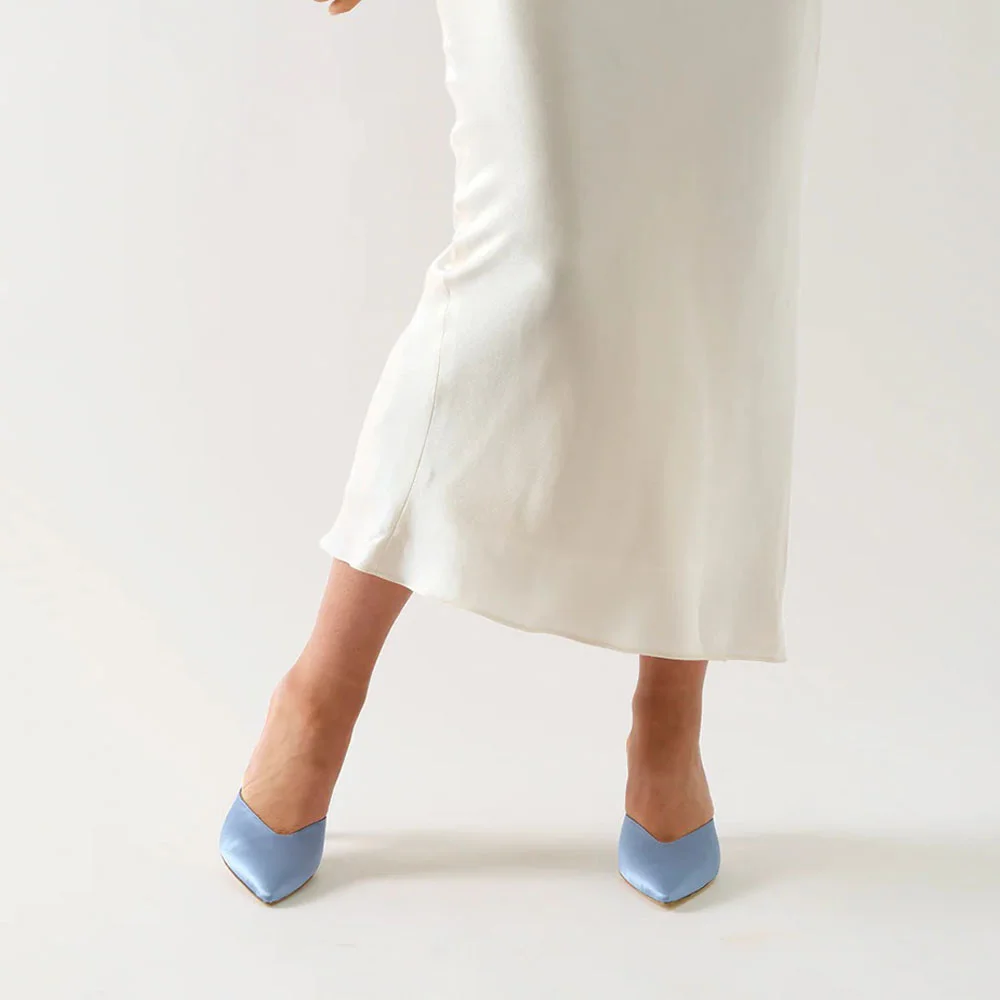Fashion Blue Closed Pointed Toe Open Back Slip On High Heel Mules