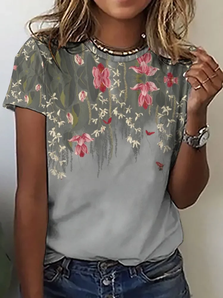 Printed Short Sleeve Casual T-shirt for  Women and Men Unisex Pattern Floral, Gray, Red