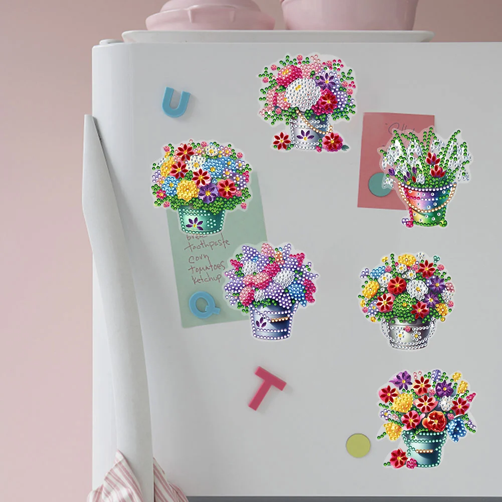 6 Pcs Flower Barrel Diamond Painting Cartoon Fridge Magnetic Stickers