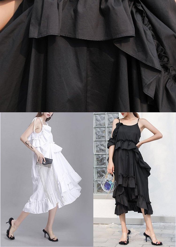 New Black Summer Ruffles Cotton Maxi Dresses