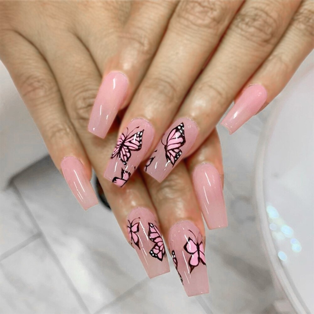 Agreedl Press-on Nails Butterfly Ballet Nails Paragraph Fake Nails Save Time Finished Nail Piece Cute Nail Set Acrylic Wholesale