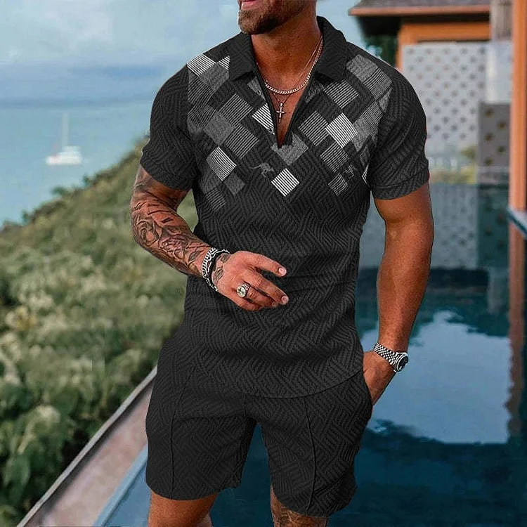 BrosWear Fashion Men's Abstract Geometric Casual Short Sleeve  Polo Shirt And Short Co-Ord
