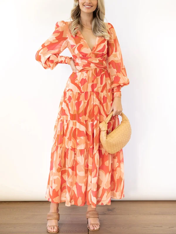 V-neck printed long-sleeve maxi dress