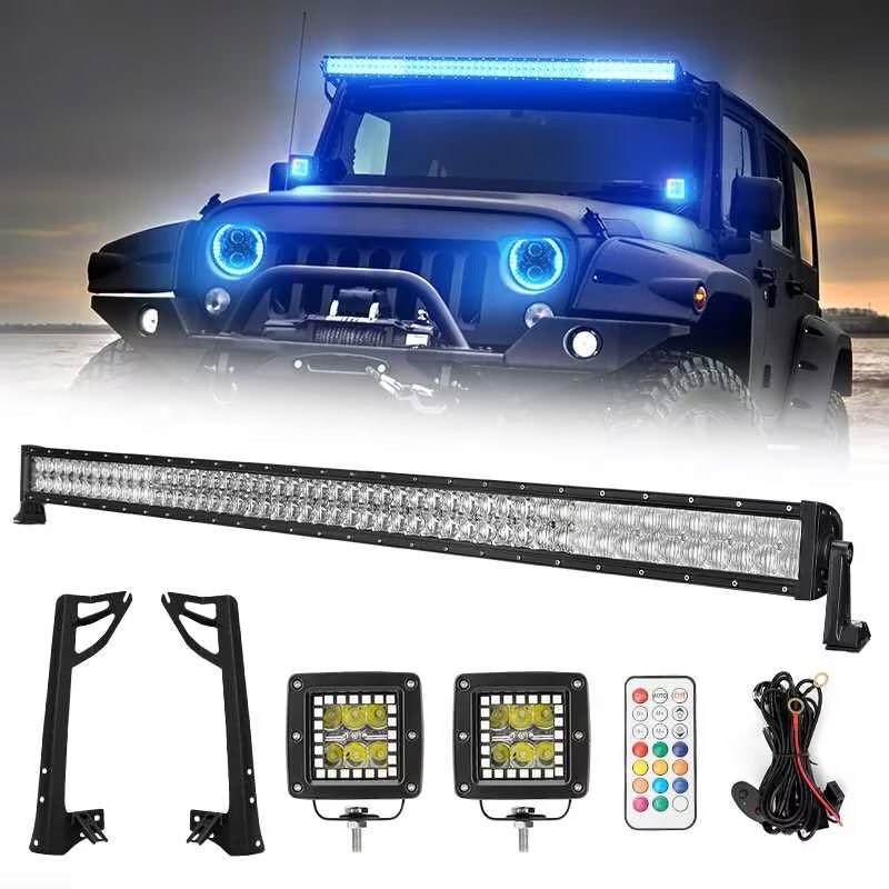 52" RGBW LED Light Bar & 2 RGB Pods & All Brackets for 2007-2018 Jeep Wrangler JK