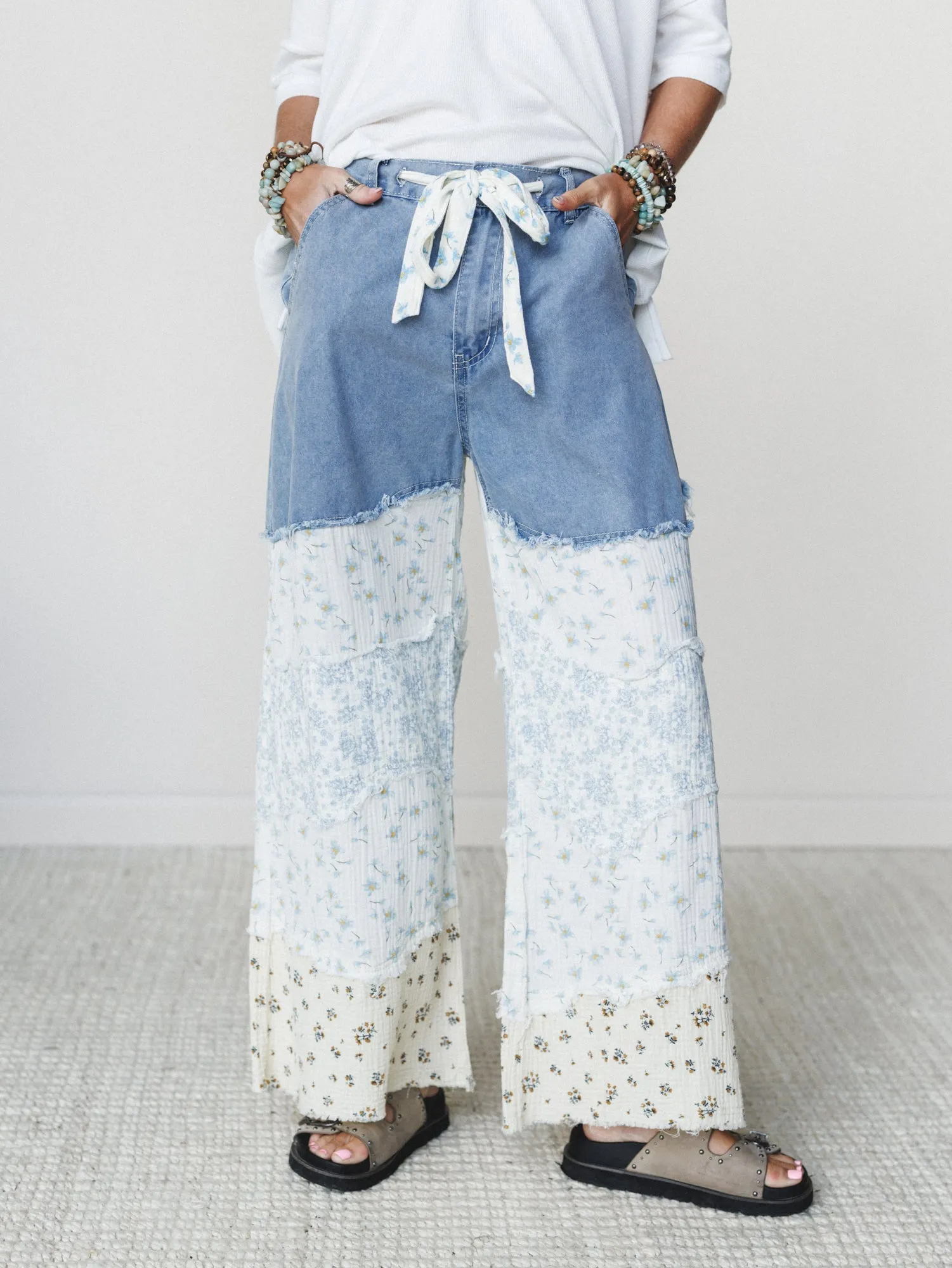 Camo Meets Plaid Wide Leg Pants - Light Denim Multi