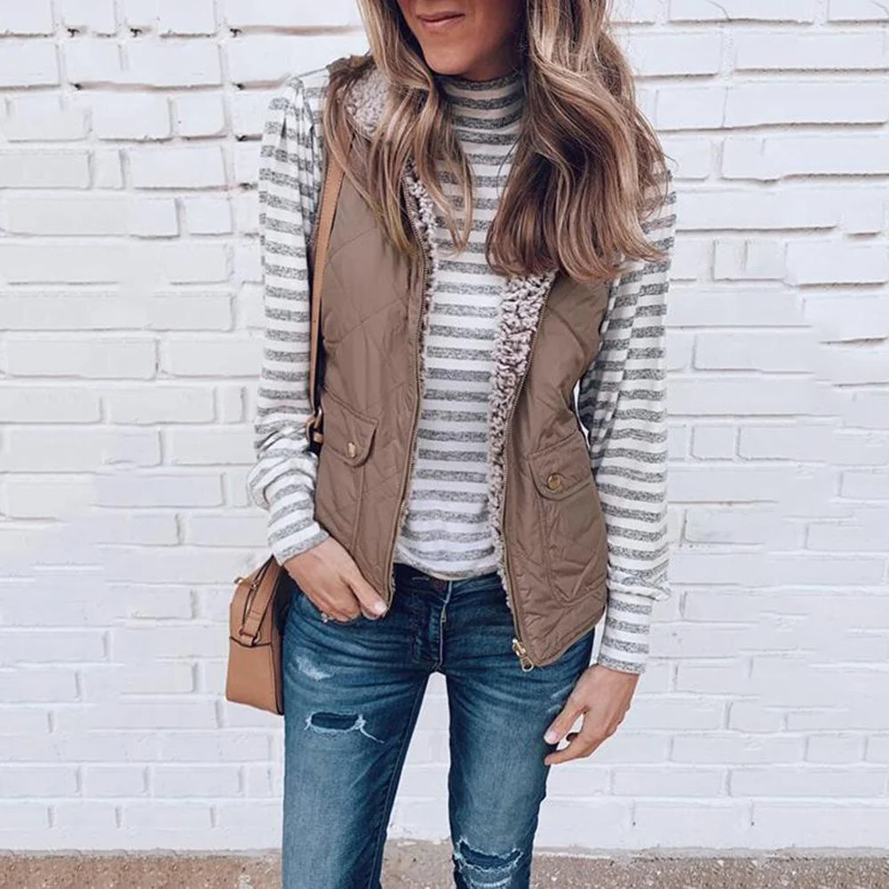 Toloer Hot Autumn And Winter Zippers Wear Both Pocket Women's Jacket Vest Vest-Outfit Ideas