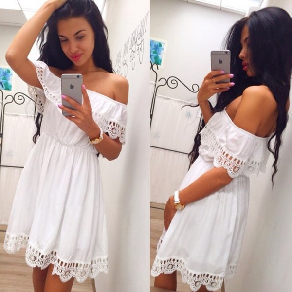 Women White Lace Stitching Dress Off Shoulder Strapless Dress Neck Mini Dresses - Life is Beautiful for You - SheChoic